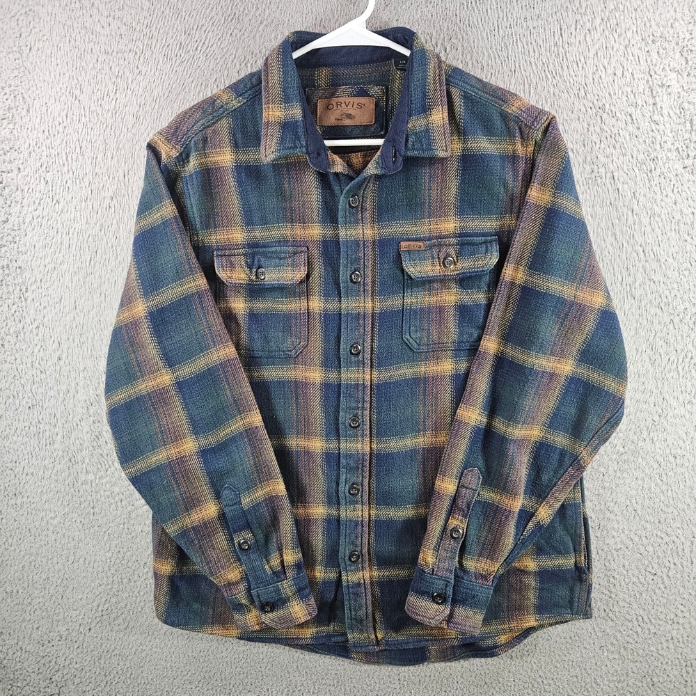 Orvis Classic Collection Mens Large Plaid Flannel Shirt Jacket Blue Gold Cotton